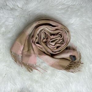 LOUISA PERINI Pink and Tan Plaid Scarf 100% Cashmere